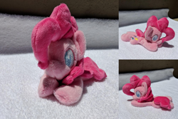 Size: 2382x1588 | Tagged: safe, artist:plushbyanto, pinkie pie, earth pony, pony, beanie (plushie), chibi, female, front view, irl, lying down, mare, minky, no mouth, no nostrils, no pupils, photo, plushie, profile, prone, solo, sploot, toy