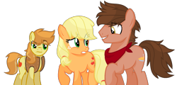 Size: 1583x760 | Tagged: safe, artist:sapphireartemis, applejack, braeburn, oc, oc:bronzite cortland, earth pony, pony, hatless, missing accessory, simple background, story included, transparent background