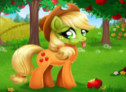 Size: 818x602 | Tagged: safe, applejack, earth pony, pony, worm, apple, apple tree, applejack stomach care, flash game, flower, food, green face, sick, solo, tongue out, tree
