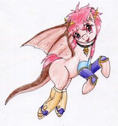 Size: 2001x2133 | Tagged: safe, artist:40kponyguy, derpibooru exclusive, dracony, hybrid, pony, boots, crossover, dragon half, ear fluff, flying, jewelry, looking at you, mink, necklace, ponified, shoes, simple background, solo, traditional art, white background