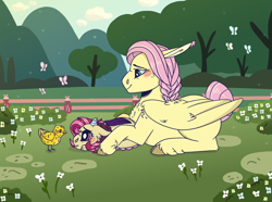 Size: 1024x763 | Tagged: safe, artist:echabi, fluttershy, oc, oc:bedlam, draconequus, hybrid, pegasus, pony, draconequus oc, female, interspecies offspring, kindverse, mother and child, mother and daughter, offspring, parent and child, parent:discord, parent:fluttershy, parents:discoshy