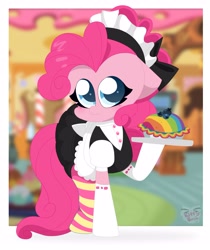 Size: 3329x3959 | Tagged: safe, artist:kittyrosie, pinkie pie, earth pony, pony, blueberry, blurry background, blushing, clothes, cute, diapinkes, floppy ears, food, high res, maid, maid headdress, pie, socks, solo, striped socks, sugarcube corner, tray