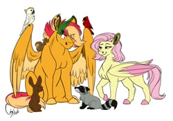 Size: 1070x747 | Tagged: safe, artist:colourstrike, fluttershy, oc, oc:chrysanthos, parrot, pegasus, pony, rabbit, raccoon, squirrel, alternate hairstyle, animal, annoyed, colored hooves, colored wings, colored wingtips, ear fluff, eye clipping through hair, female, floppy ears, like mother like son, male, mare, mother and child, mother and son, offspring, parent and child, parent:big macintosh, parent:fluttershy, parents:fluttermac, short hair, short mane, simple background, stallion, tail feathers, white background