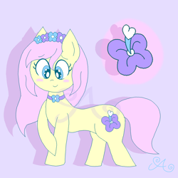 Size: 2000x2000 | Tagged: safe, artist:alannaartroid, fluttershy, earth pony, pony, alternate hairstyle, alternate universe, blue background, choker, earth pony fluttershy, female, floral head wreath, flower, mare, race swap, raised hoof, redesign, simple background, solo