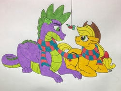 Size: 4032x3024 | Tagged: safe, artist:bellbell123, applejack, spike, dragon, earth pony, pony, applespike, bow, christmas, clothes, female, hair bow, holiday, holly, holly mistaken for mistletoe, looking at each other, male, older, older spike, prone, scarf, shared clothing, shared scarf, shipping, straight, traditional art, winged spike