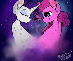 Size: 959x800 | Tagged: safe, artist:penpale-heart, pinkie pie, rarity, earth pony, pony, unicorn, abstract background, bust, ear fluff, eyes closed, female, lesbian, mare, raripie, shipping, smiling, stars