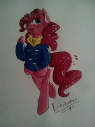 Size: 960x1280 | Tagged: safe, artist:penpale-heart, pinkie pie, earth pony, pony, bipedal, blushing, clothes, female, hair over one eye, hoodie, jacket, mare, open mouth, solo, traditional art