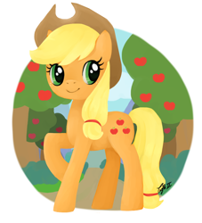 Size: 2076x2284 | Tagged: safe, artist:trefleix, applejack, earth pony, pony, apple orchard, apple tree, cowboy hat, cute, female, hat, high res, jackabetes, mare, raised hoof, signature, solo, tree