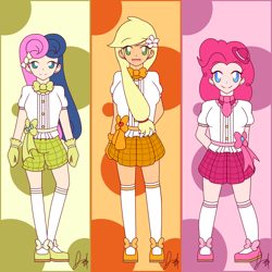 Size: 2400x2400 | Tagged: safe, artist:platinum-starz, applejack, bon bon, pinkie pie, sweetie drops, human, pony, humanized, love live! school idol project