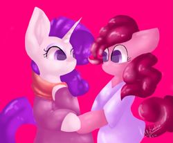 Size: 967x800 | Tagged: safe, artist:penpale-heart, pinkie pie, rarity, earth pony, pony, semi-anthro, unicorn, big ears, bipedal, clothes, dress, female, floppy ears, hoof hold, hooves to the chest, lesbian, looking at each other, mare, pink background, raripie, scarf, shipping, simple background