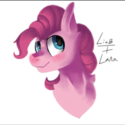 Size: 1280x1280 | Tagged: artist needed, safe, artist:penpale-heart, pinkie pie, earth pony, pony, collaboration, blushing, bust, female, mare, red nosed, simple background, solo, white background