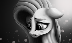 Size: 4000x2400 | Tagged: safe, artist:brownbush, fluttershy, pegasus, pony, bust, eye reflection, female, floppy ears, grayscale, lidded eyes, mare, monochrome, reflection, sad, solo