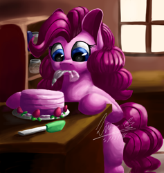 Size: 1280x1353 | Tagged: safe, artist:penpale-heart, pinkie pie, earth pony, pony, cake, female, food, frosting, icing bag, mare, mouth hold, sitting, solo, strawberry