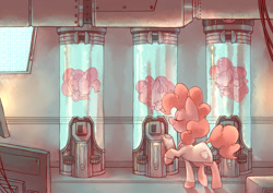 Size: 1280x905 | Tagged: safe, artist:sony-shock, pinkie pie, earth pony, pony, cable, cables, clipboard, clone, cloning, clothes, computer, computer monitor, computer screen, fluid, lab coat, laboratory, monitor, pinkie clone, pipe (plumbing), pipes, science, science fiction, scientist, screen, sleeping, tube, tubes, wires