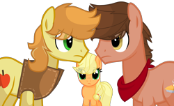 Size: 2312x1404 | Tagged: safe, artist:sapphireartemis, applejack, braeburn, oc, oc:bronzite cortland, earth pony, pony, hatless, male, missing accessory, simple background, stallion, story included, transparent background