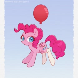 Size: 768x768 | Tagged: safe, artist:yukutamil, pinkie pie, earth pony, pony, balloon, clothes, colored pupils, cute, diapinkes, female, floating, gradient background, mare, socks, solo, then watch her balloons lift her up to the sky