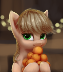 Size: 1080x1240 | Tagged: safe, artist:quvr, applejack, earth pony, pony, bust, female, fluffy, food, hatless, looking at you, mare, missing accessory, orange, realistic hair, solo, tangerine