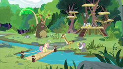 Size: 2100x1180 | Tagged: safe, screencap, angel bunny, antoine, clementine, doctor fauna, fluttershy, harry, muriel, sandra, smoky, smoky jr., softpad, bear, earth pony, elephant, giraffe, koala, pegasus, pony, python, raccoon, snake, wolf, she talks to angel, animal, bridge, cloven hooves, female, mare, palm tree, river, stream, sweet feather sanctuary, tree