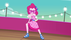 Size: 1280x720 | Tagged: safe, screencap, pinkie pie, better together, equestria girls, i'm on a yacht, clothes, cute, dancing, diapinkes, dress, dress interior, feet, heart shaped glasses, looking at you, sandals, sleeveless, solo, spots
