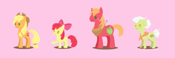 Size: 1500x500 | Tagged: safe, artist:volvolvox, apple bloom, applejack, big macintosh, granny smith, earth pony, pony, :>, apple bloom's bow, apple family, bandana, bow, cowboy hat, hair bow, hat, horse collar, pacman eyes, pink background, simple background