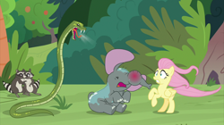Size: 2100x1180 | Tagged: safe, screencap, angel bunny, antoine, fluttershy, muriel, smoky, softpad, elephant, pegasus, pony, python, raccoon, snake, she talks to angel, animal, body swap, eyes closed, fangs, female, folded wings, hissing, male, mare, messy, not fluttershy, open mouth, rearing, swelling, windswept mane