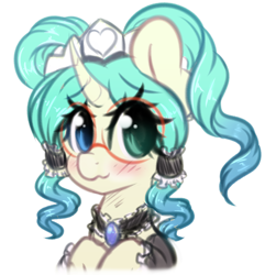 Size: 2572x2666 | Tagged: safe, artist:fluffymaiden, oc, oc only, oc:coconut daiquiri, pony, unicorn, blushing, bust, clothes, curved horn, cute, female, glasses, heterochromia, looking at you, maid, mare, pigtails, portrait, simple background, smiling, solo, wavy mouth, white background