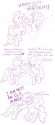 Size: 1000x2272 | Tagged: safe, artist:dstears, pinkie pie, rarity, earth pony, pony, unicorn, birthday, boop, butt, cake, comic, confetti, dialogue, dropped, duo, female, food, grabbing, magic, monochrome, noseboop, overreaction, pinkie being pinkie, pinkie physics, plot, purple, shocked, teary eyes, telekinesis