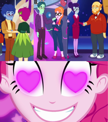 Size: 1920x2160 | Tagged: safe, pinkie pie, rosette nebula, better together, coinky-dink world, eqg summertime shorts, equestria girls, twilight under the stars, background human, bald, cherenkov blue, clothes, converse, cosmo quark, dax cobalt, female, ginger specs, grassy knoll (character), heart eyes, male, male pattern baldness, meme, pinkie the shipper, pinkie's eyes, shoes, sneakers, sweater, thick coat, turtleneck, wingding eyes