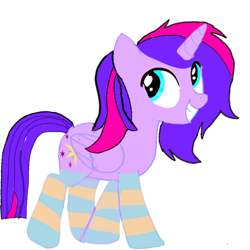 Size: 768x768 | Tagged: safe, artist:wonderschwifty, derpibooru exclusive, oc, oc only, oc:wonder sparkle, alicorn, alicorn oc, clothes, looking up, simple background, smiling, socks, solo, striped socks, white background