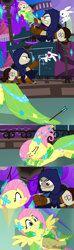 Size: 1920x6480 | Tagged: safe, alternate version, artist:christhes, angel bunny, fluttershy, earth pony, pegasus, pony, rabbit, collaboration, comic:friendship is dragons, angry, animal, arrow, cloak, clothes, comic, crossbow, crossover, dress, eyes closed, female, fight, flying, gala dress, garrett, implied applejack, implied rainbow dash, implied twilight sparkle, injured, looking up, male, mare, night, onomatopoeia, ponified, scared, shadow, show accurate, spread wings, stallion, stars, thief (video game), wings, worried