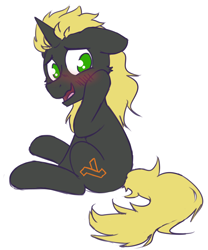 Size: 1642x1972 | Tagged: safe, artist:rivibaes, oc, oc only, oc:lambda pone, pony, unicorn, blushing, male, simple background, sitting, solo, white background