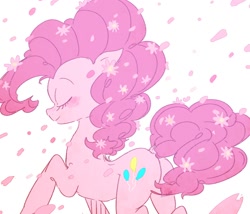 Size: 1374x1176 | Tagged: safe, artist:nota_mano, pinkie pie, earth pony, pony, balloonbutt, blushing, butt, cute, diapinkes, dock, eyes closed, female, flower, flower in hair, mare, petals, plot, profile, raised hoof, simple background, solo, white background