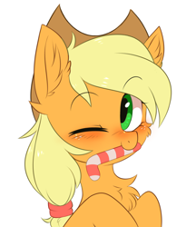 Size: 2896x3350 | Tagged: safe, artist:pesty_skillengton, applejack, earth pony, pony, candy, candy cane, chest fluff, commissioner:raritybro, cute, ear fluff, female, food, jackabetes, mare, one eye closed, simple background, solo, white background, wink, ych result