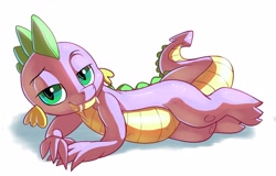 Size: 4000x2553 | Tagged: safe, artist:gsphere, spike, dragon, bedroom eyes, belly button, fangs, lidded eyes, looking at you, male, on side, simple background, solo, stupid sexy spike, white background