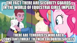 Size: 899x499 | Tagged: safe, screencap, pinkie pie, wiz kid, better together, equestria girls, five lines you need to stand in, background human, female, male, security guard