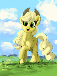 Size: 1536x2048 | Tagged: safe, artist:dimfann, applejack, earth pony, pony, cowboy hat, female, grass, grass field, hat, mare, open mouth, raised hoof, solo, stetson