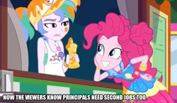 Size: 860x500 | Tagged: safe, edit, edited screencap, screencap, pinkie pie, summer solstice (character), better together, equestria girls, five lines you need to stand in, caption, food truck, image macro, job, moonlighting, not celestia, text, work