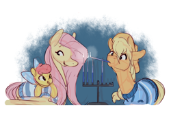 Size: 640x480 | Tagged: safe, artist:bananasmores, apple bloom, applejack, fluttershy, earth pony, pegasus, pony, appleshy, appleshybomb, candle, clothes, female, hanukkah, lesbian, menorah, shipping, sweater