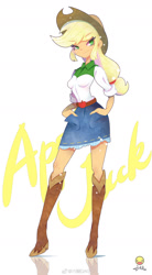 Size: 1050x1900 | Tagged: safe, artist:qaq, applejack, equestria girls, applejack's hat, beautiful, belt, boots, clothes, cowboy boots, cowboy hat, cowgirl, cutie mark on clothes, denim, denim skirt, eyelashes, female, freckles, hair tie, hands in pockets, hat, long legs, looking at you, miniskirt, ponytail, pose, rolled up sleeves, shoes, simple background, skirt, smiling, smirk, solo, standing, stetson, tight clothing, white background