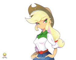 Size: 1050x827 | Tagged: safe, alternate version, artist:qaq, applejack, equestria girls, belt, boots, clothes, cowboy hat, denim skirt, female, freckles, hat, shoes, skirt, solo, stetson