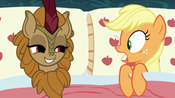 Size: 960x540 | Tagged: safe, edit, edited screencap, screencap, applejack, fern flare, earth pony, kirin, pony, 28 pranks later, sounds of silence, applejack's bed partner, background kirin, bed, exploitable meme, female, meme, open mouth, pillow, surprised