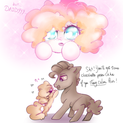 Size: 5000x5000 | Tagged: safe, artist:pinkablue, grand pear, pear butter, earth pony, pony, :o, absurd resolution, begging, bipedal, comic, cute, dialogue, duo, father and child, father and daughter, female, filly, freckles, gradient background, hnnng, hooves, lidded eyes, male, offscreen character, open mouth, parent and child, pearabetes, pov, puppy dog eyes, reaching, simple background, smiling, sparkles, stallion, white background, young grand pear, younger