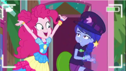 Size: 965x549 | Tagged: safe, screencap, pinkie pie, space camp (character), better together, equestria girls, five lines you need to stand in, not luna, outhouse, surprised