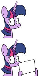 Size: 1091x2023 | Tagged: safe, alternate version, artist:moonatik, derpibooru exclusive, twilight sparkle, twilight sparkle (alicorn), alicorn, bust, exploitable meme, faic, holding, looking at you, meme, sign, simple background, smirk, solo, twiface, white background