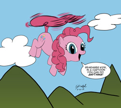 Size: 900x803 | Tagged: safe, artist:cartoon-eric, pinkie pie, earth pony, pony, cloud, female, flying, mare, mountain, mountain range, pinkie being pinkie, pinkie physics, pinkiecopter, sky, tailcopter, talking to viewer