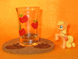 Size: 1861x1396 | Tagged: safe, artist:malte279, applejack, earth pony, pony, coaster, cork, craft, cutie mark, glass, glass painting, pyrography, shot glass, traditional art