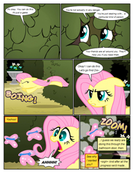 Size: 612x792 | Tagged: safe, artist:newbiespud, edit, edited screencap, screencap, fluttershy, butterfly, pegasus, pony, comic:friendship is dragons, the return of harmony, comic, dialogue, dust, eyes closed, female, flower, frown, glare, hedge maze, hiding, jumping, mare, onomatopoeia, running, scared, screencap comic, sigh