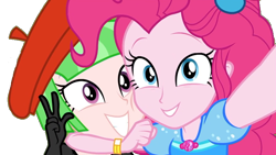 Size: 800x450 | Tagged: safe, screencap, drama letter, pinkie pie, watermelody, better together, equestria girls, five lines you need to stand in, beret, cute, diapinkes, geode of sugar bombs, hat, magical geodes, peace sign, selfie, simple background, smiling, transparent background