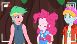 Size: 1267x720 | Tagged: safe, screencap, lemon zack, pinkie pie, better together, equestria girls, five lines you need to stand in, background human, bare arms, camera shot, cap, clothes, eyes closed, female, fry lilac, geode of sugar bombs, hat, magical geodes, male, smiling