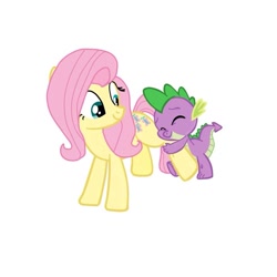 Size: 894x894 | Tagged: safe, artist:pinkievaliente, fluttershy, spike, dragon, pegasus, pony, spike at your service, cute, female, flutterspike, hug, leg hug, male, mare, shipping, simple background, spikelove, straight, white background